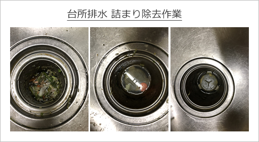 台所排水 詰まり除去作業